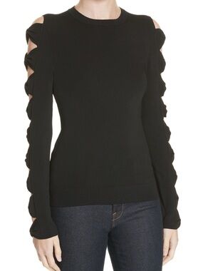 Ted Baker Black Cold-Shoulder Crewneck Sweater with Braided Sleeve Detail